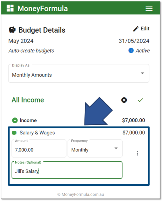 Personal Finance App add income salary to budget.