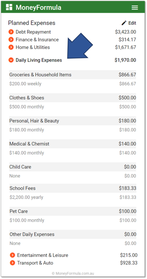 Personal Budget App Budgets & Buckets Category Totals.