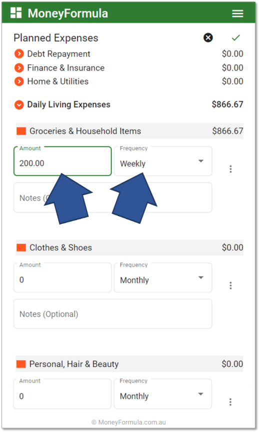 Personal Budget App Budgets & Buckets Entering Planned Expenses.