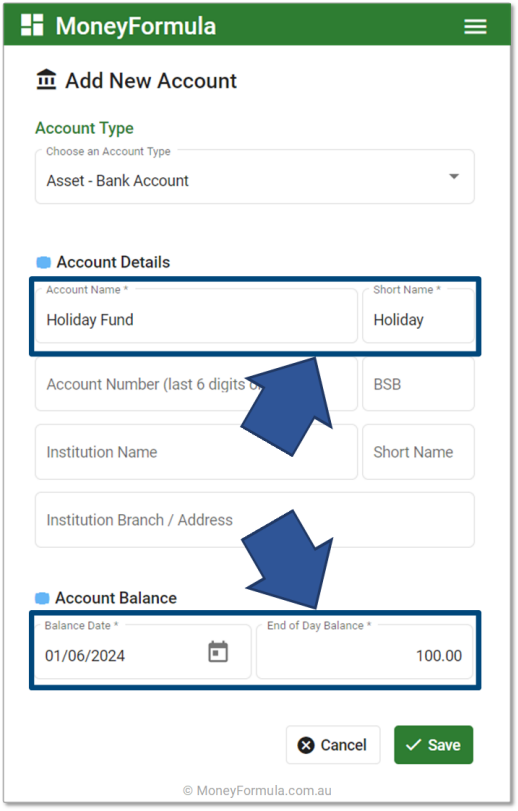 Personal Budget Software add a Holiday Fund Account.
