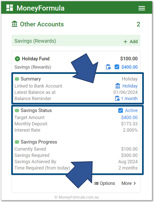Personal Budget Software Savings Goal Details.