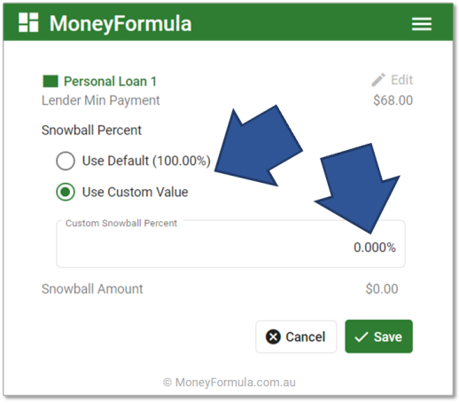 Personal Finance App Debt Strategy - Edit Debt Snowball Percentage.