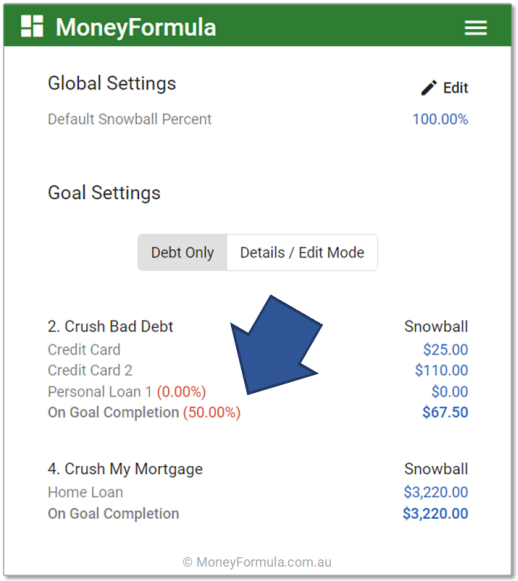 Personal Finance App Debt Strategy - New Goal Custom Snowball Amount.