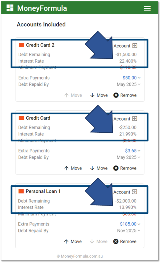 Personal Finance App Debt Strategy - Largest Interest Rate First.