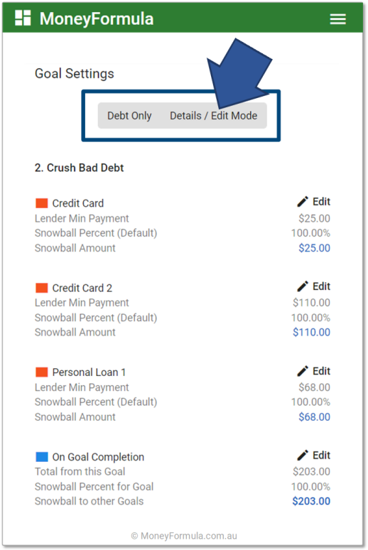 Personal Finance App Debt Strategy - Debt Snowball Details.