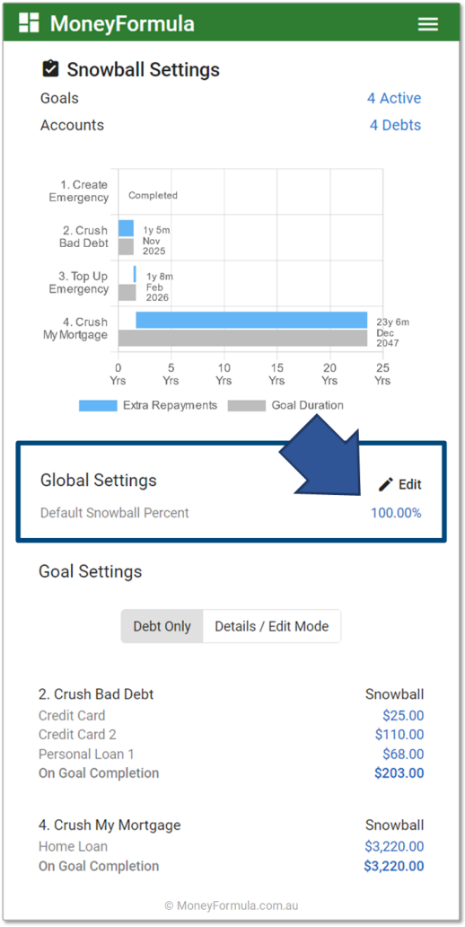 Personal Finance App Debt Strategy - Snowball Settings.