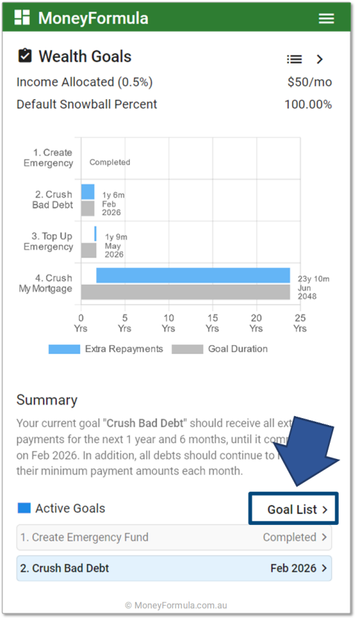 Personal Finance App Debt Strategy - Navigate to Goal List.