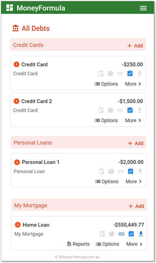 Personal Finance App Debt Strategy - Four Debt Accounts.