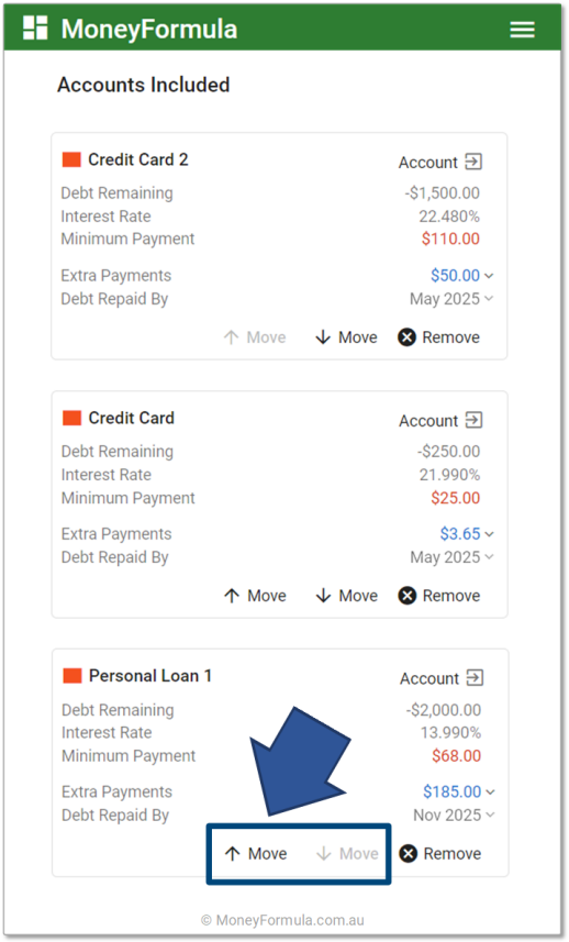 Personal Finance App Debt Strategy - Manually Sort Debt Accounts.