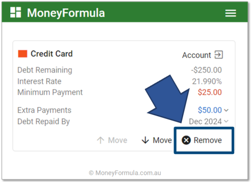 Personal Finance App Debt Strategy - Remove a Debt Account.