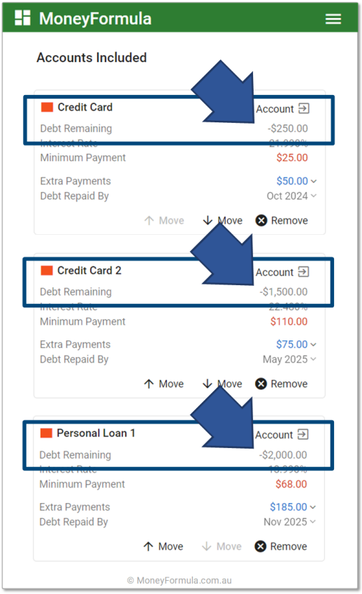 Personal Finance App Debt Strategy - Account List Smallest Balance First.