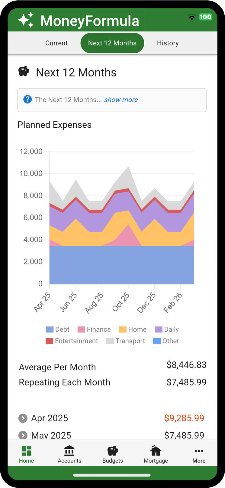 Next 12 Months Budget Report - See When All of Your Expenses Are Due.