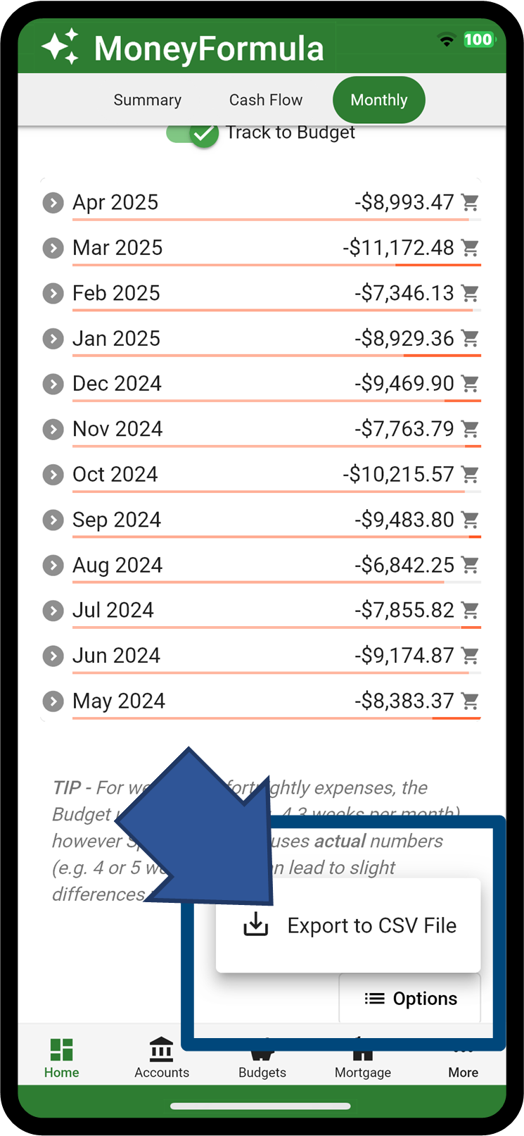 Monthly Spending Review - Export to CSV Option.