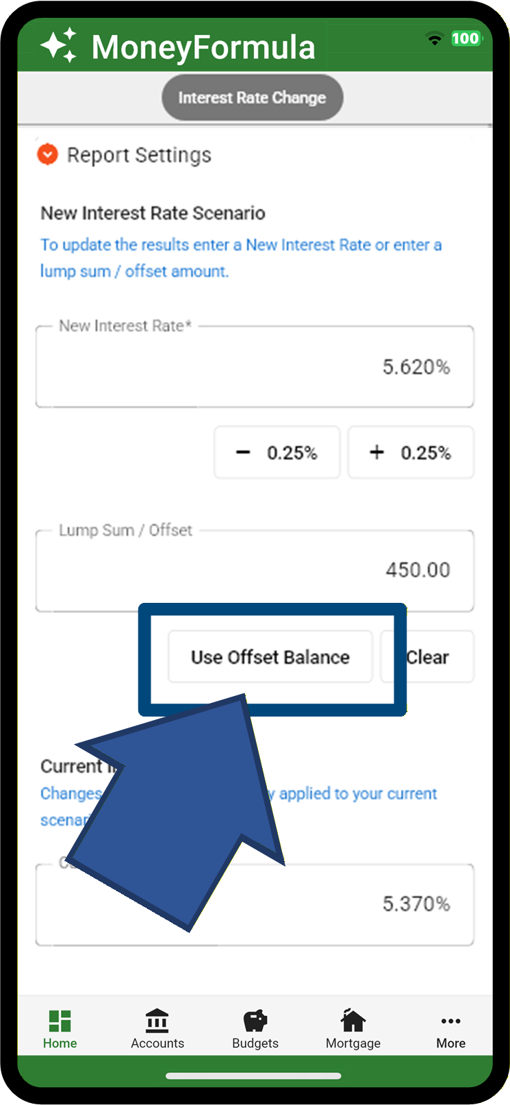MoneyFormula App - Interest Rate Rise Report - Enter Offset Balance.